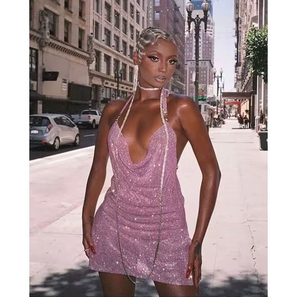 Women’s XS/S Sleeveless Backless Rhinestone Chain Mesh Mini Dress Pink - Picture 1 of 7